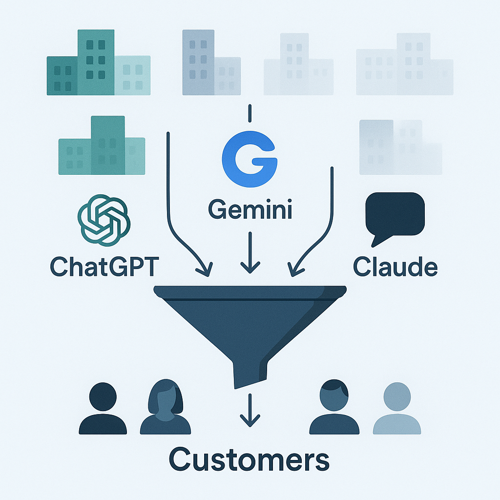 Funnel diagram showing businesses being filtered by AI search engines